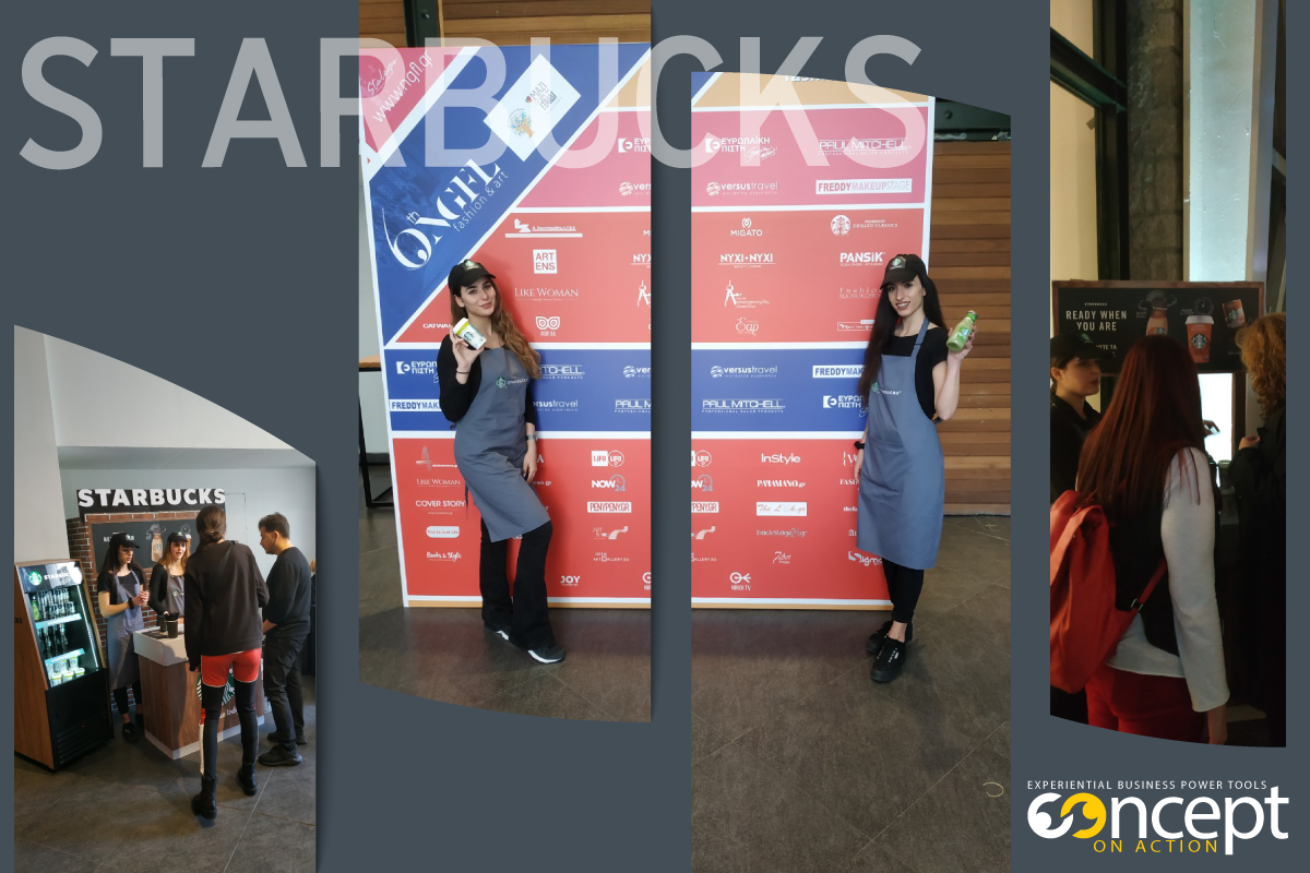 2 κοπέλες promoters της Concept on Action ενημερώνουν το κοινό, πραγματοποιούν γευστική δοκιμή και διανέμουν δείγματα ροφημάτων Starbucks σε event στον Πολυχώρο Πολιτισμού «ΑΘΗΝΑΪΣ»